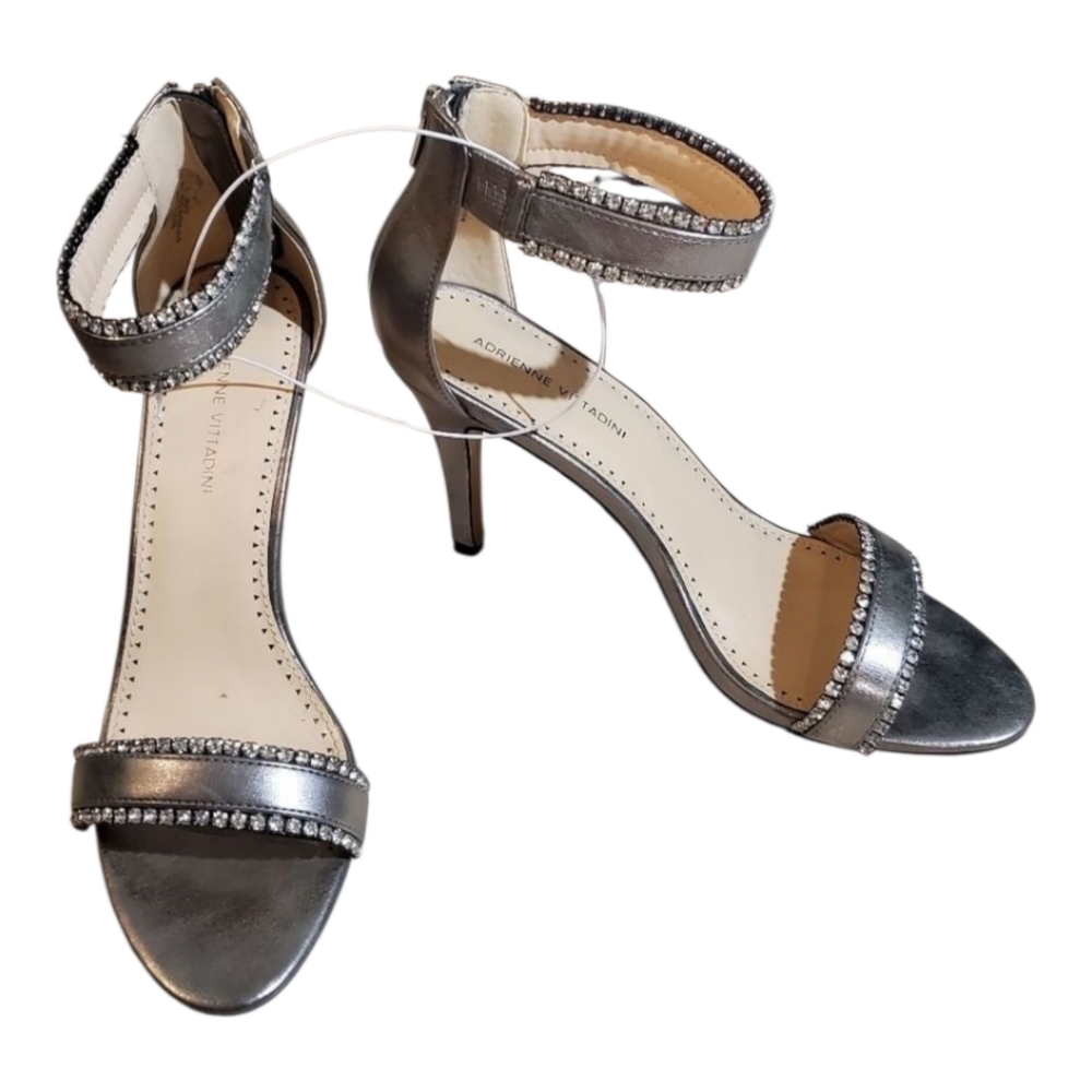 Adrienne Vittadini Metallic Silver Ankle-Strap Heels with Rhinestones